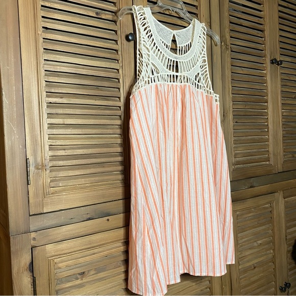 Boutique COTTON tangerine/cream stripe lace appliqué yolk flowy lined dress SZ M - Picture 2 of 8